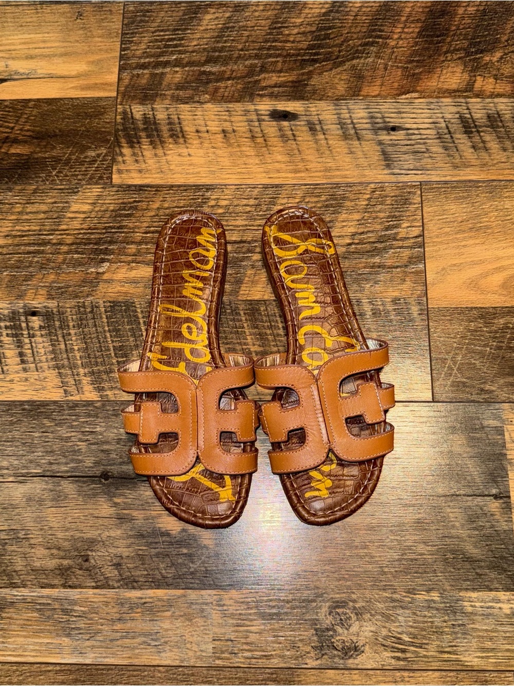 Sam Edelman Cognac Leather Double Strap Slide Sandals